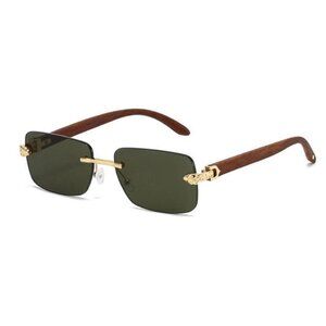 Mens Leopard Head Green Tint Rimless Gold Frame Vintage Wood Buffs Sunglasses
